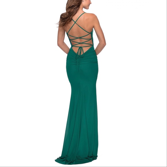 La Femme 28541 V-Neck Lace-Up Back Ruched Net Jersey Gown - Picture 10 of 12